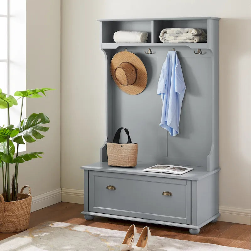 Modern Classic Hall Tree with Shoe Rack Bench and Coat Hooks for Hanging Storage