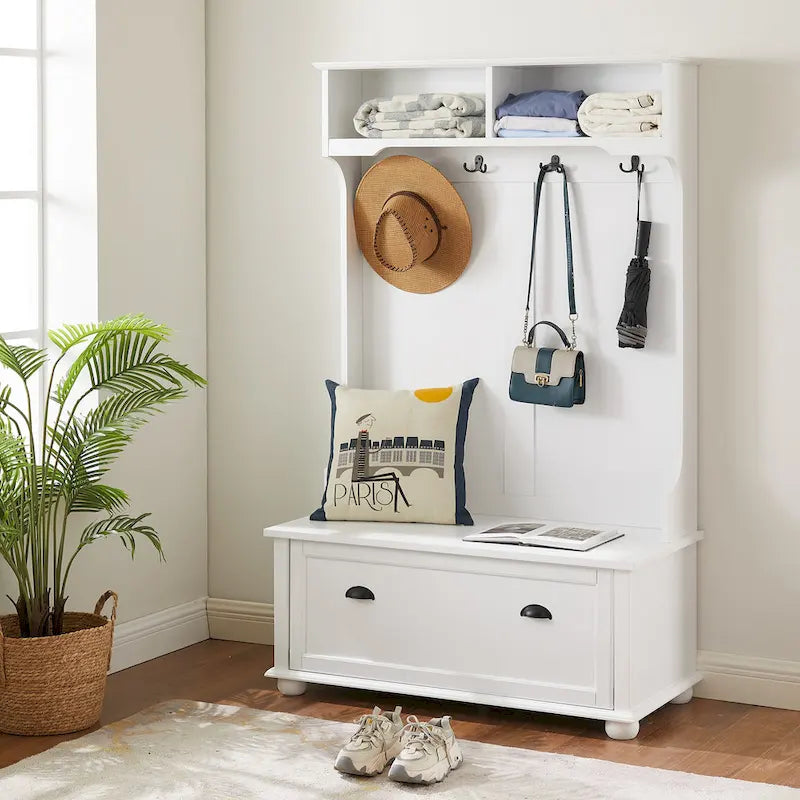 Modern Classic Hall Tree with Shoe Rack Bench and Coat Hooks for Hanging Storage