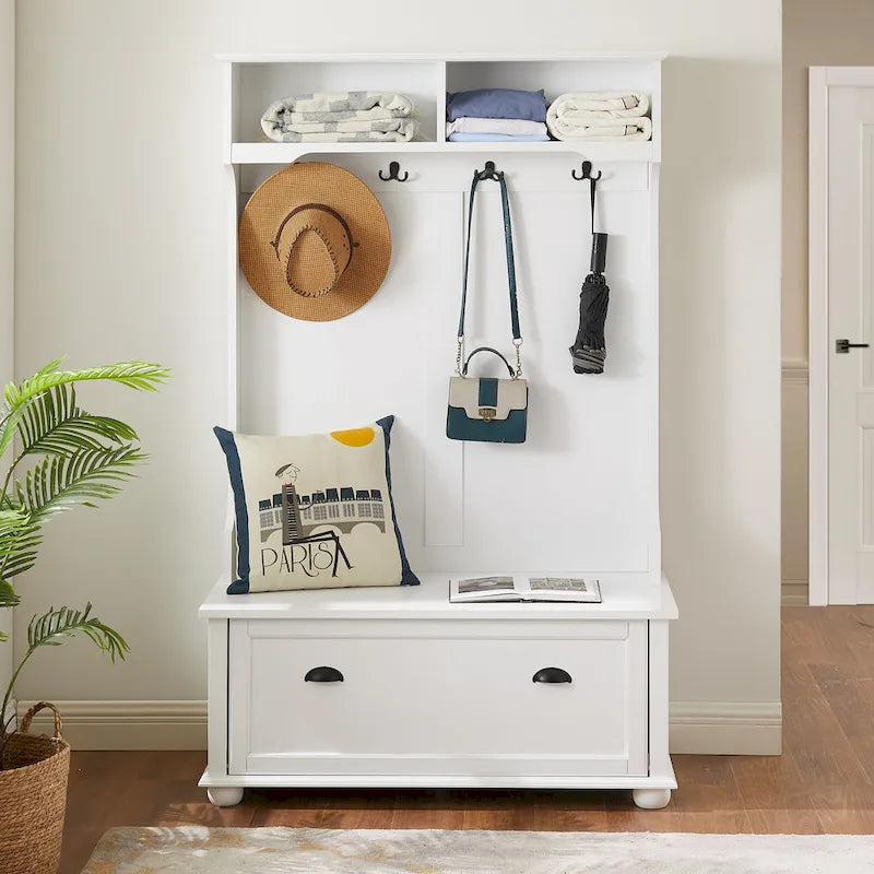Modern Classic Hall Tree with Shoe Rack Bench and Coat Hooks for Hanging Storage