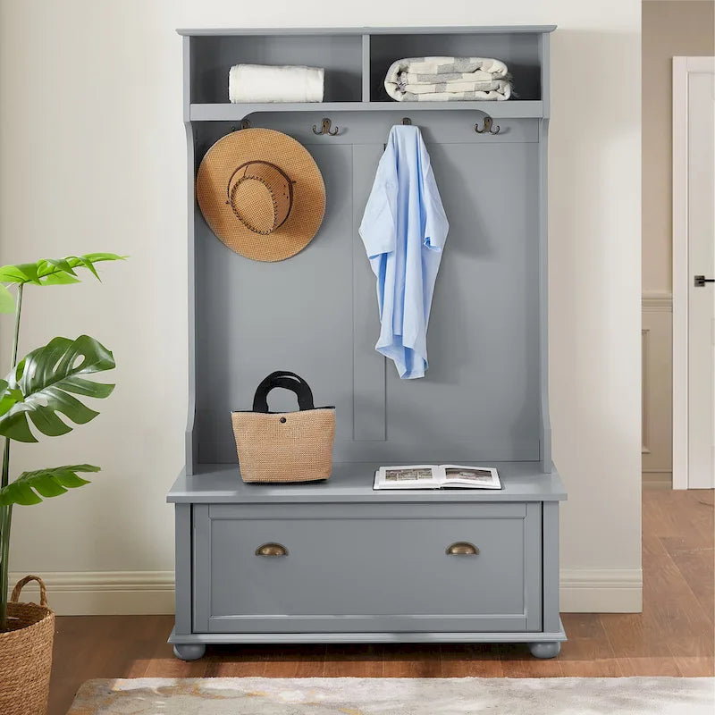 Modern Classic Hall Tree with Shoe Rack Bench and Coat Hooks for Hanging Storage