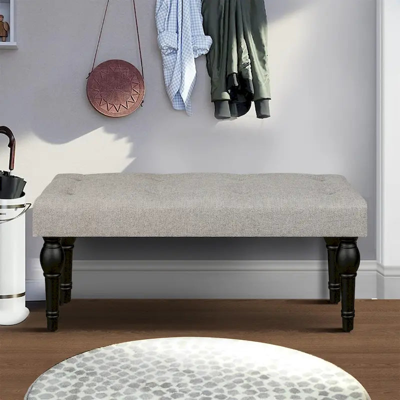 Grey Tufted Linen Upholstered Bench with Turned Wood Legs