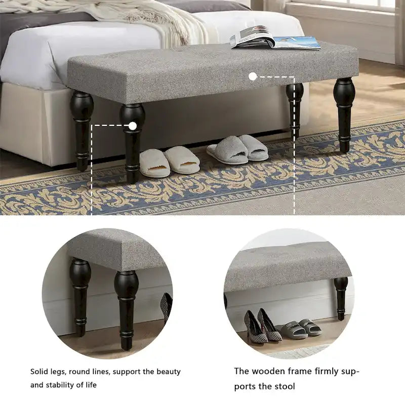 Grey Tufted Linen Upholstered Bench with Turned Wood Legs