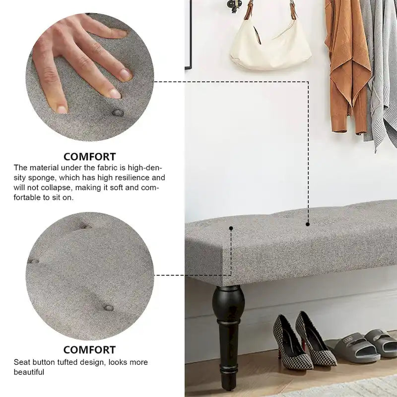 Grey Tufted Linen Upholstered Bench with Turned Wood Legs