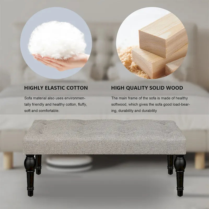 Grey Tufted Linen Upholstered Bench with Turned Wood Legs