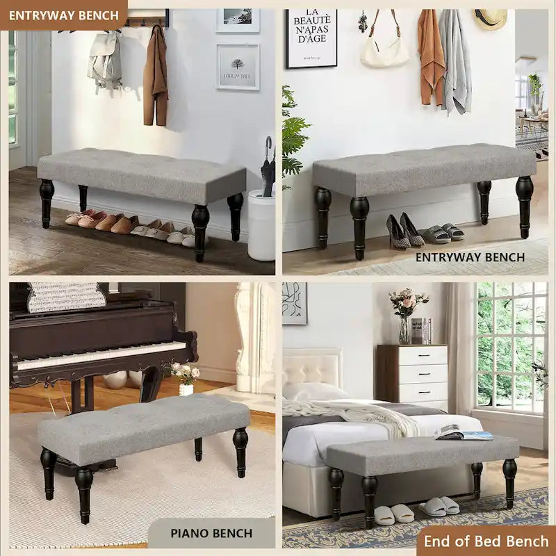 Grey Tufted Linen Upholstered Bench with Turned Wood Legs