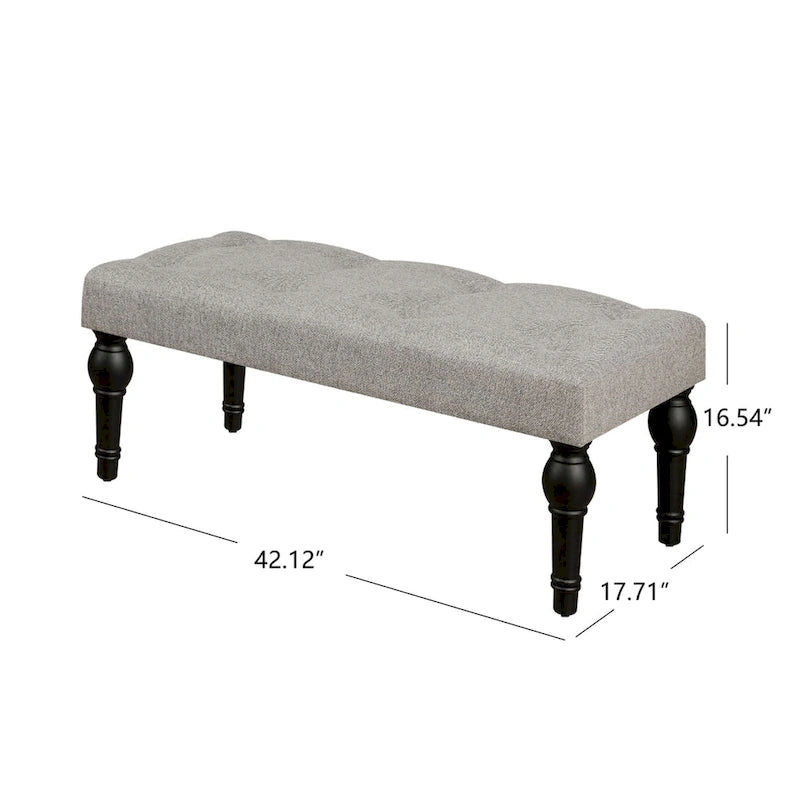 Grey Tufted Linen Upholstered Bench with Turned Wood Legs