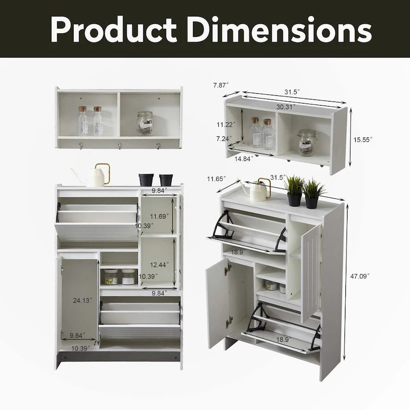 Multifunctional Handleless Shoe Cabinet with Storage Compartments Hooks Ancient White