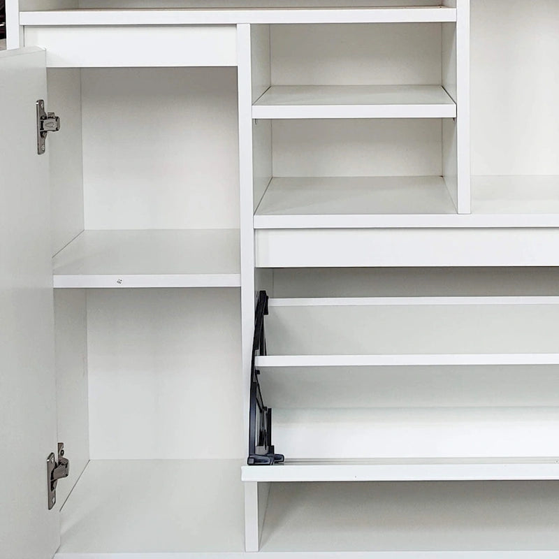 Multifunctional Handleless Shoe Cabinet with Storage Compartments Hooks Ancient White