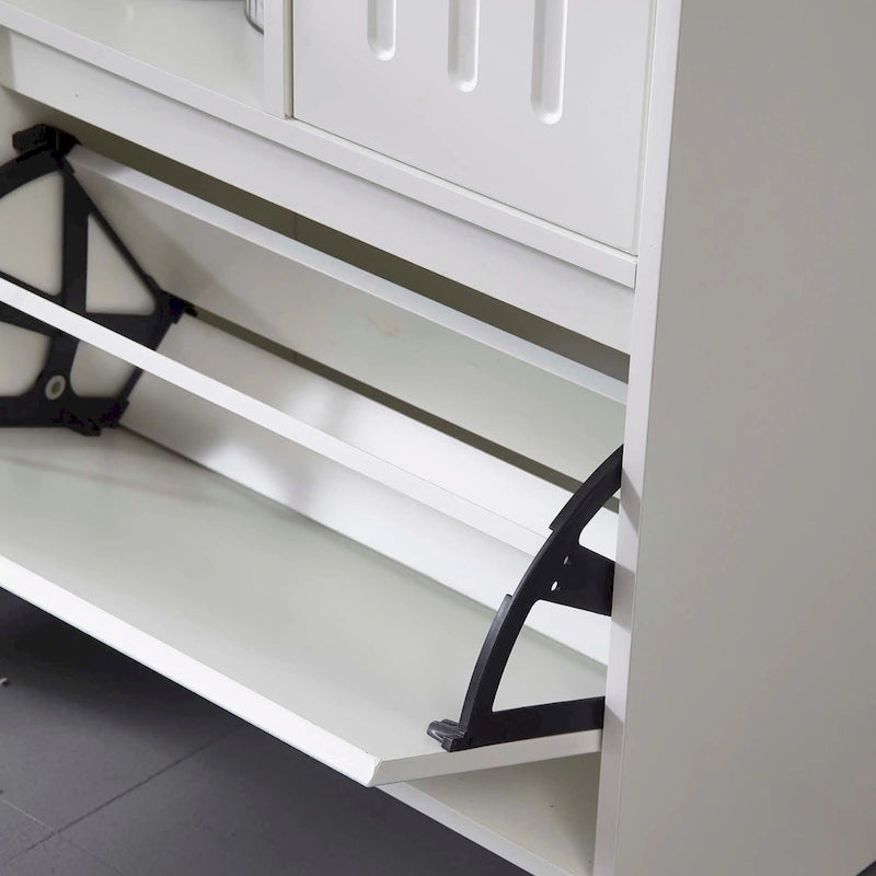 Multifunctional Handleless Shoe Cabinet with Storage Compartments Hooks Ancient White