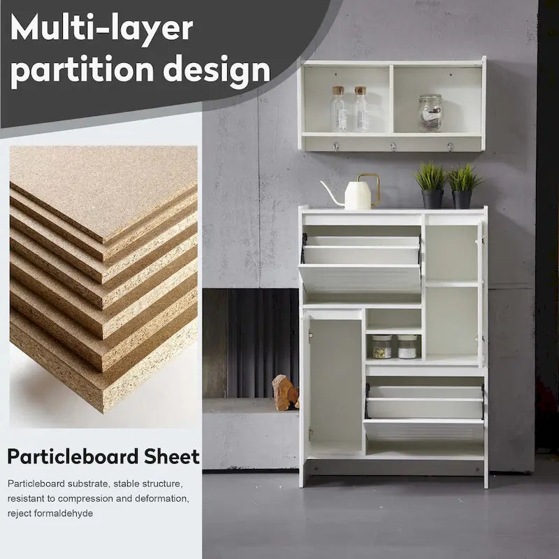 Multifunctional Handleless Shoe Cabinet with Storage Compartments Hooks Ancient White