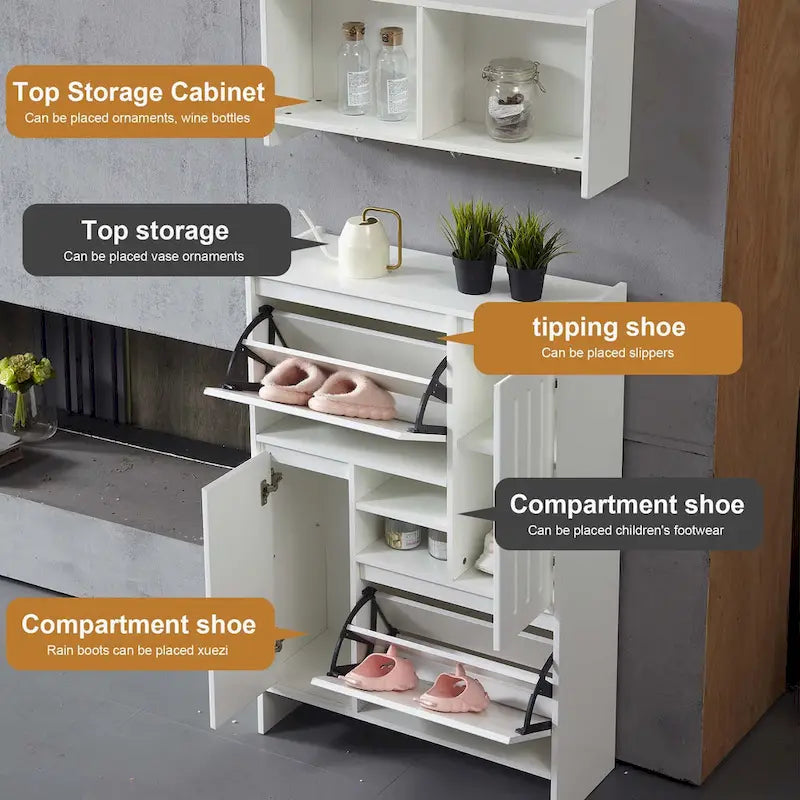Multifunctional Handleless Shoe Cabinet with Storage Compartments Hooks Ancient White