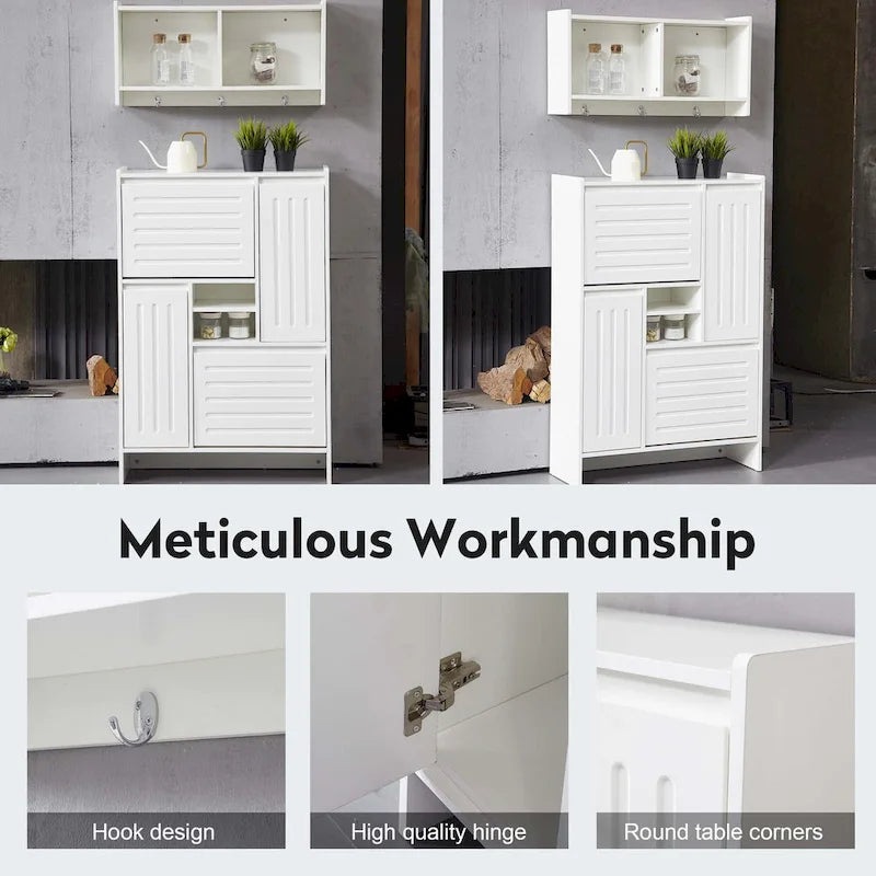 Multifunctional Handleless Shoe Cabinet with Storage Compartments Hooks Ancient White