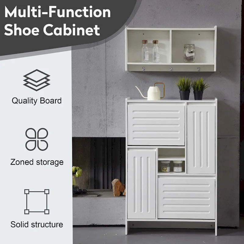 Multifunctional Handleless Shoe Cabinet with Storage Compartments Hooks Ancient White