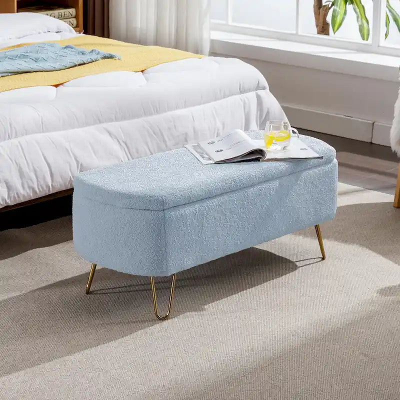 Oval Storage Ottoman Bench with Gold Hairpin Legs Upholstered Polyester Multi-Color