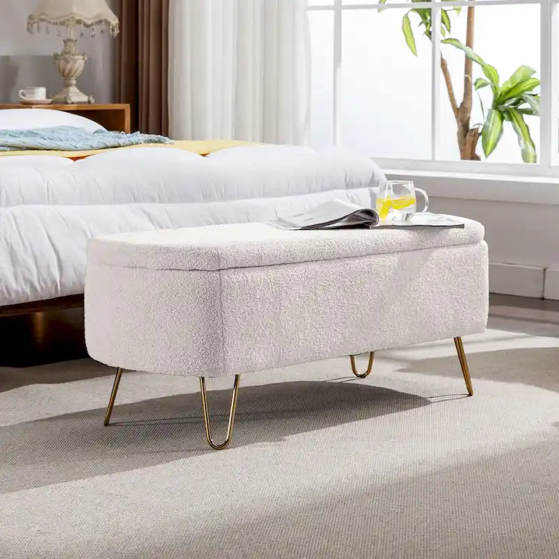 Oval Storage Ottoman Bench with Gold Hairpin Legs Upholstered Polyester Multi-Color