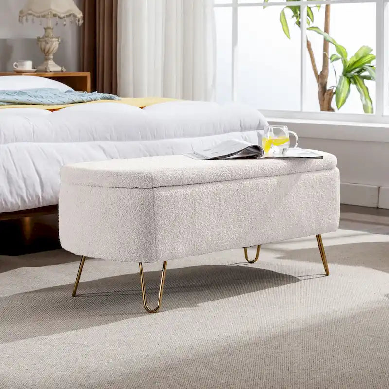 Oval Storage Ottoman Bench with Gold Hairpin Legs Upholstered Polyester Multi-Color