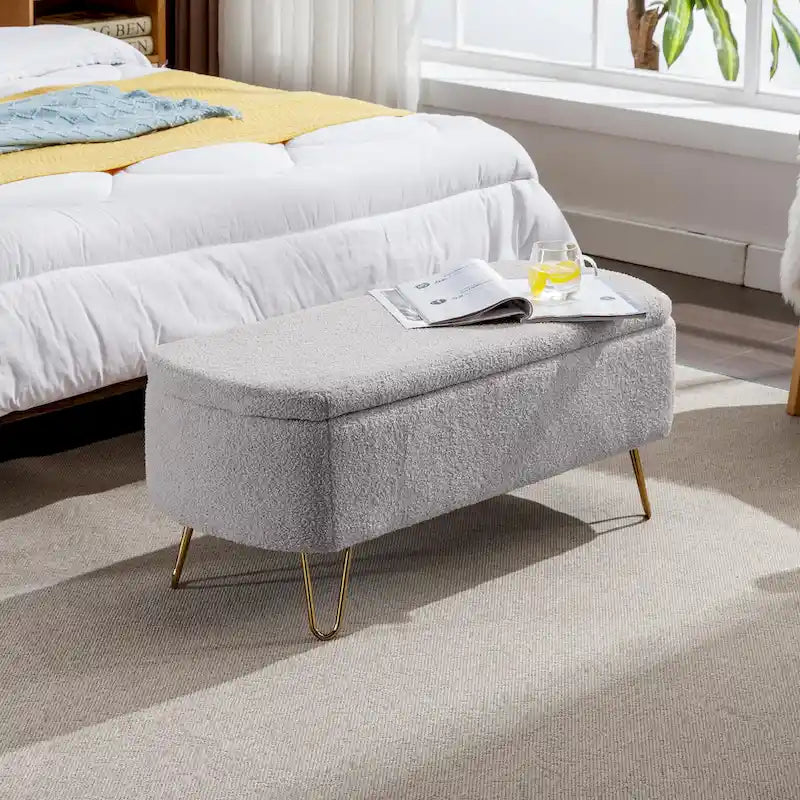 Oval Storage Ottoman Bench with Gold Hairpin Legs Upholstered Polyester Multi-Color