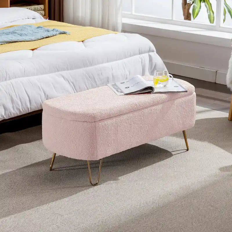 Oval Storage Ottoman Bench with Gold Hairpin Legs Upholstered Polyester Multi-Color