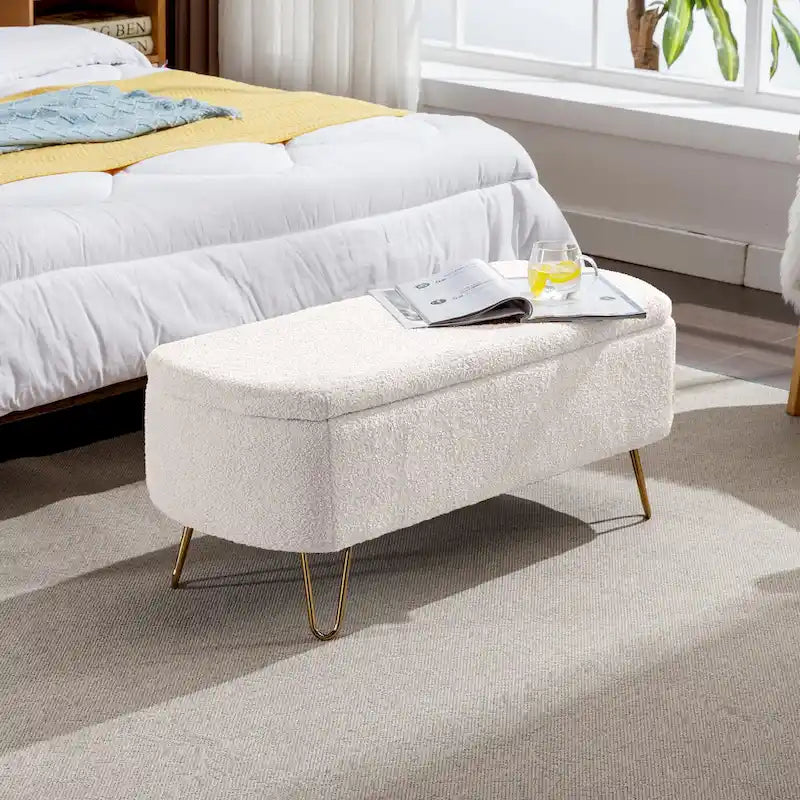 Oval Storage Ottoman Bench with Gold Hairpin Legs Upholstered Polyester Multi-Color