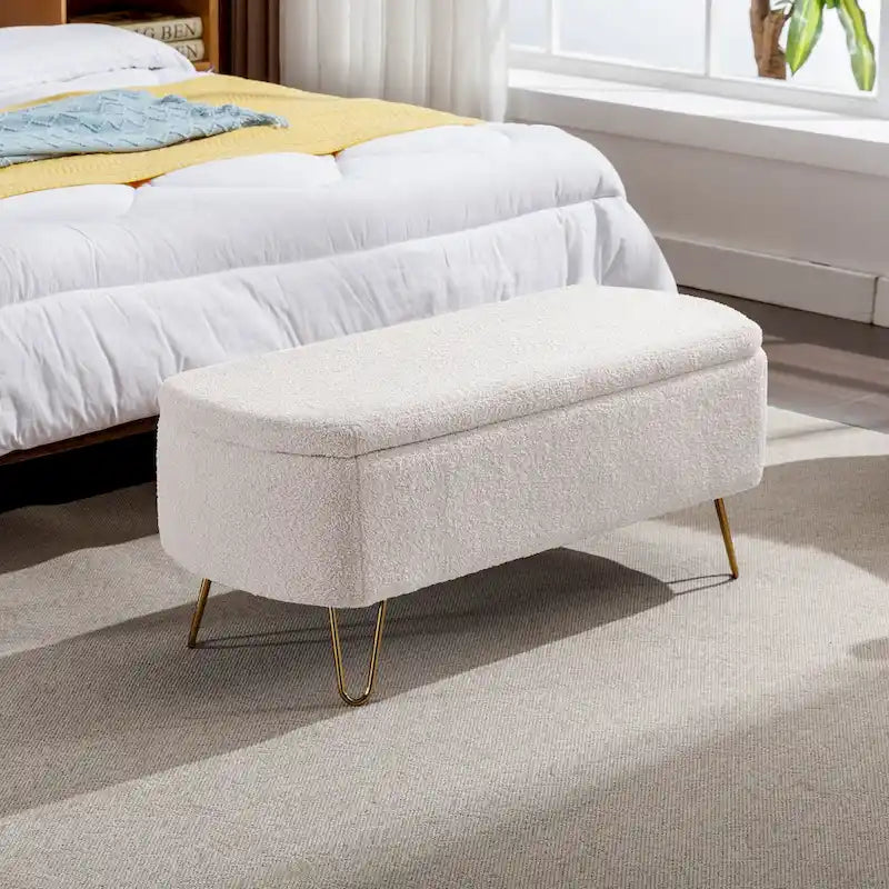Oval Storage Ottoman Bench with Gold Hairpin Legs Upholstered Polyester Multi-Color