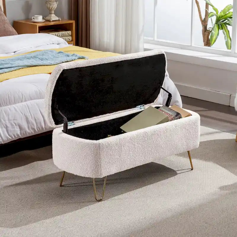 Oval Storage Ottoman Bench with Gold Hairpin Legs Upholstered Polyester Multi-Color