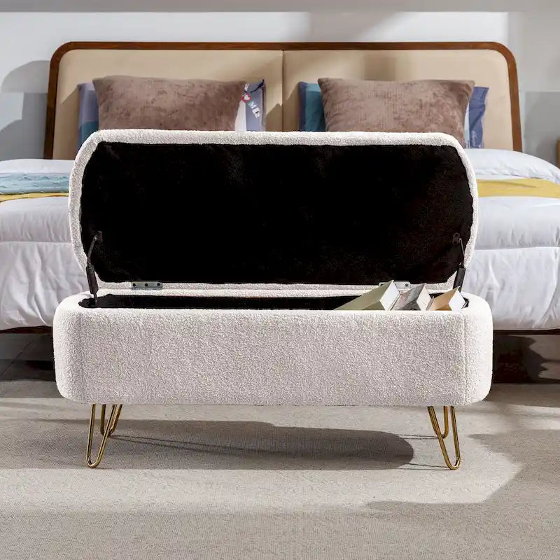 Oval Storage Ottoman Bench with Gold Hairpin Legs Upholstered Polyester Multi-Color