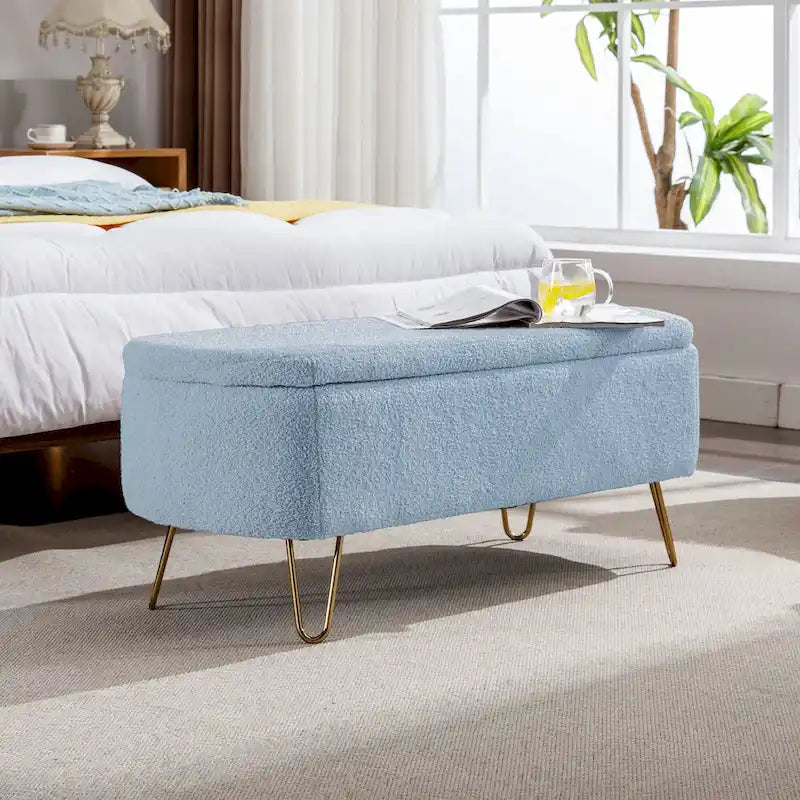 Oval Storage Ottoman Bench with Gold Hairpin Legs Upholstered Polyester Multi-Color