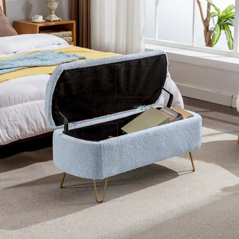 Oval Storage Ottoman Bench with Gold Hairpin Legs Upholstered Polyester Multi-Color