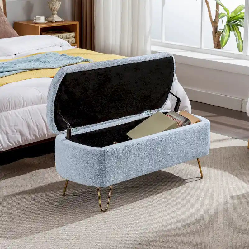 Oval Storage Ottoman Bench with Gold Hairpin Legs Upholstered Polyester Multi-Color