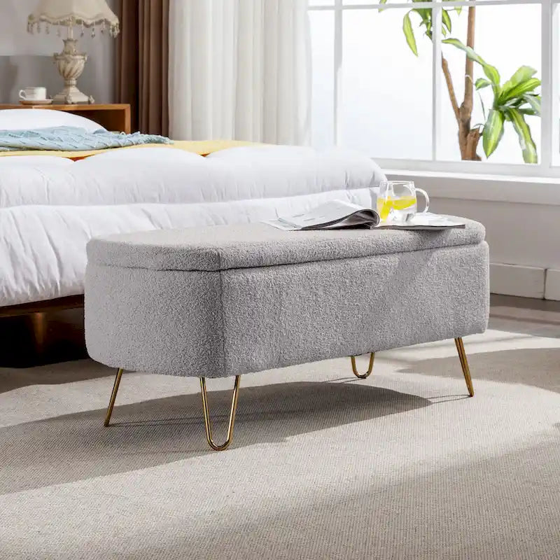 Oval Storage Ottoman Bench with Gold Hairpin Legs Upholstered Polyester Multi-Color