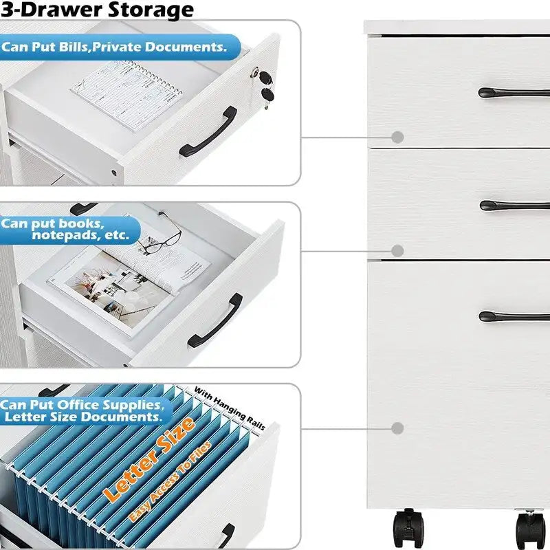 3 Drawer Wood Mobile File Cabinet