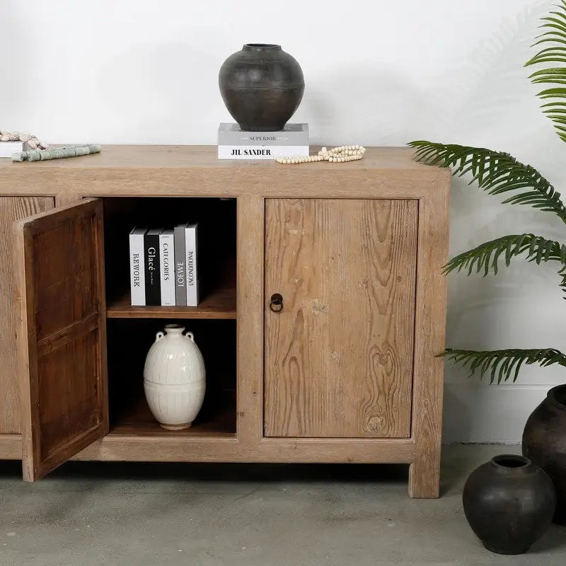 4-Door Weathered Pinewood Sideboard Natural Wood Storage Cabinet