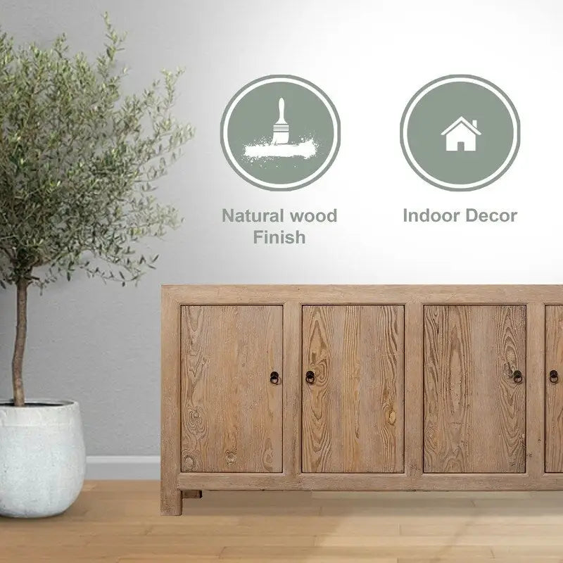 4-Door Weathered Pinewood Sideboard Natural Wood Storage Cabinet