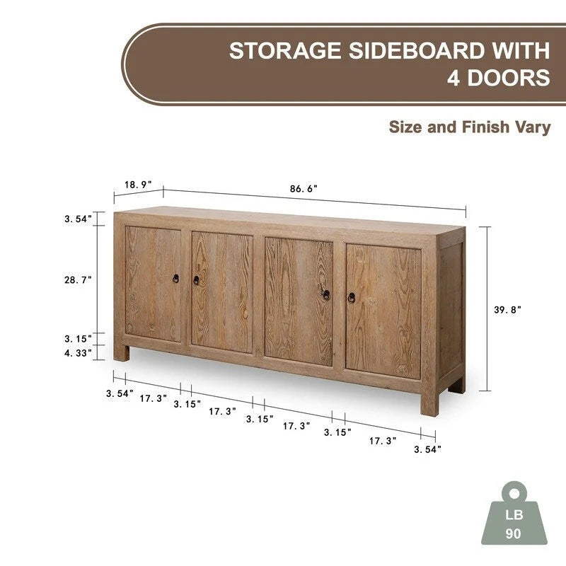 4-Door Weathered Pinewood Sideboard Natural Wood Storage Cabinet