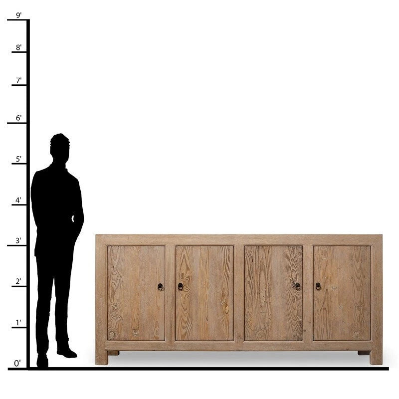 4-Door Weathered Pinewood Sideboard Natural Wood Storage Cabinet