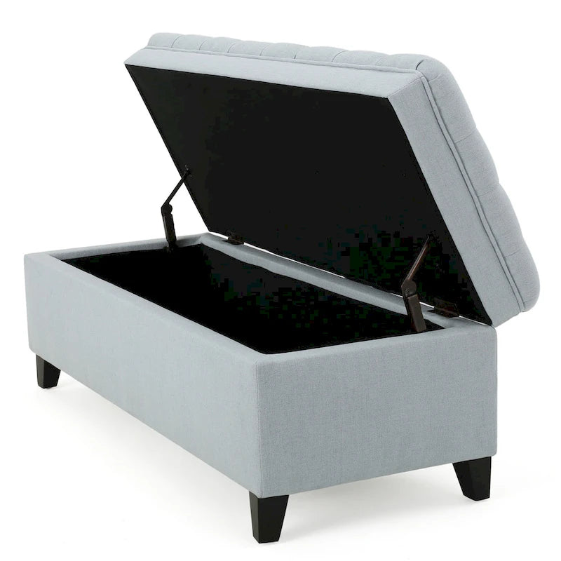 Light Blue Fabric Tufted Storage Ottoman Bench with Black Wood Legs