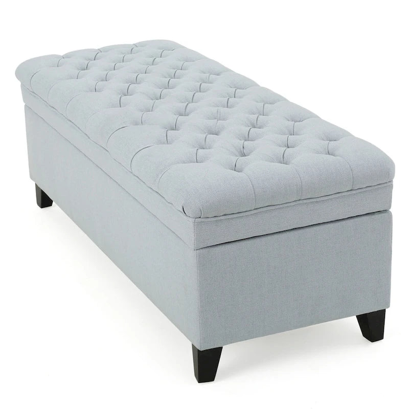 Light Blue Fabric Tufted Storage Ottoman Bench with Black Wood Legs