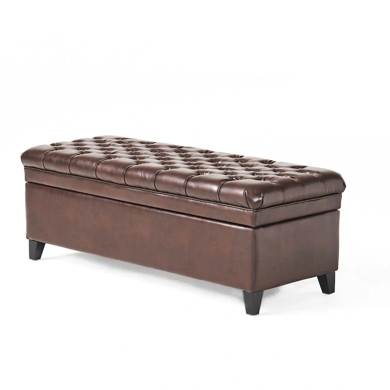 Rhya Storage Ottoman Bench, Brown Faux Leather, Black Wood, 50 Inch