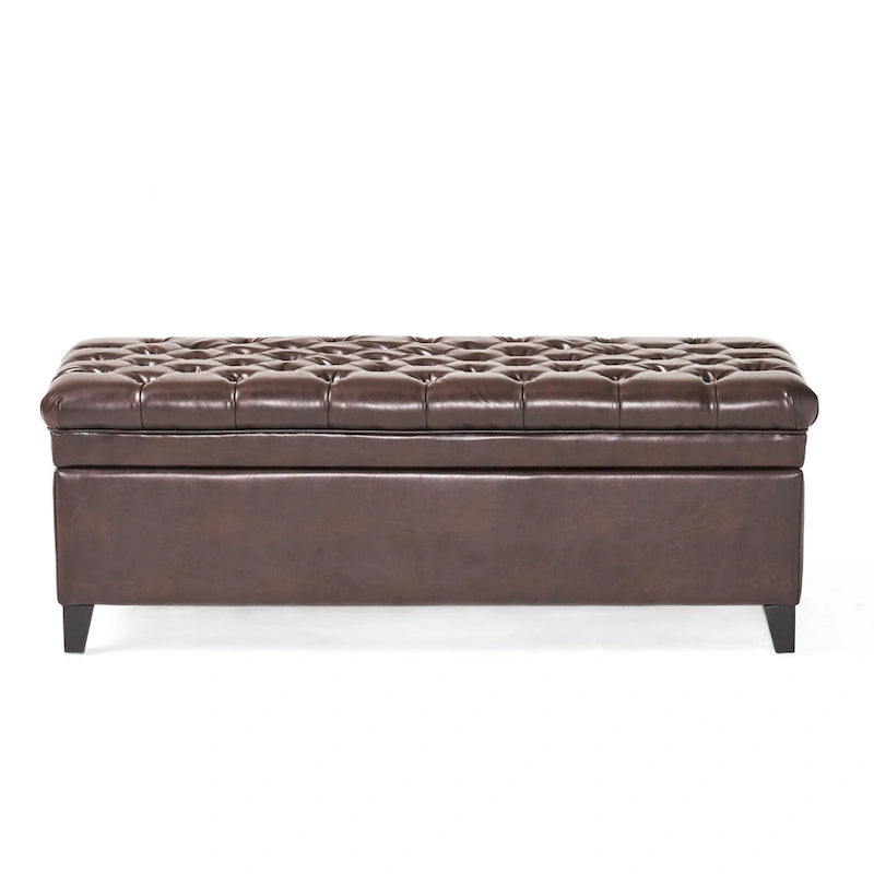 Storage Ottoman Bench Brown Faux Leather Tufted Black Wood Legs