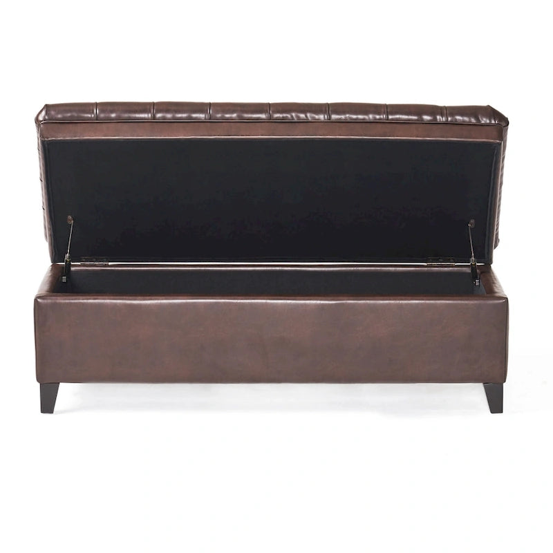 Storage Ottoman Bench Brown Faux Leather Tufted Black Wood Legs