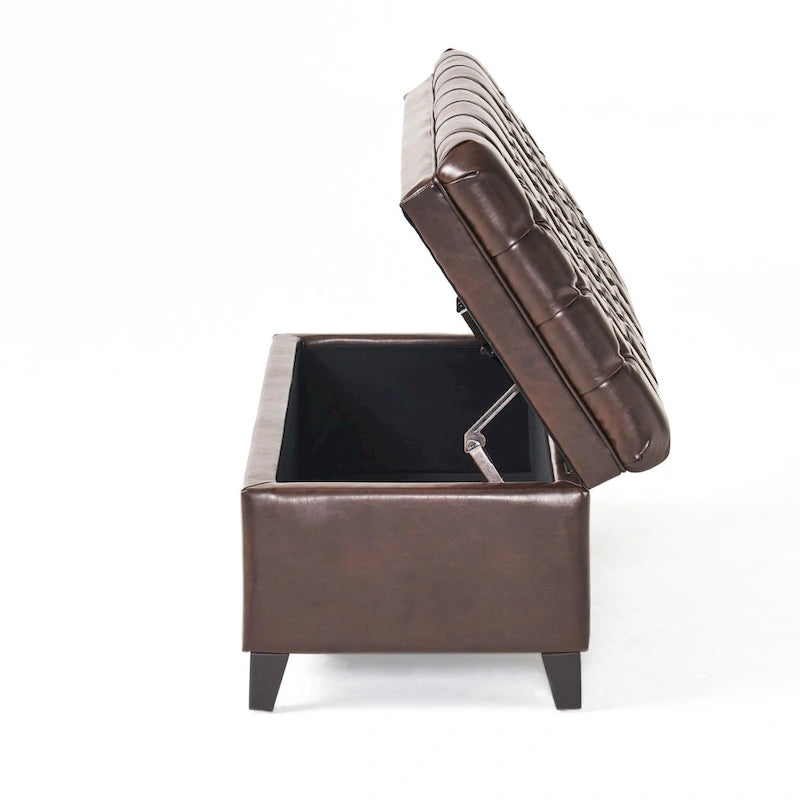 Storage Ottoman Bench Brown Faux Leather Tufted Black Wood Legs