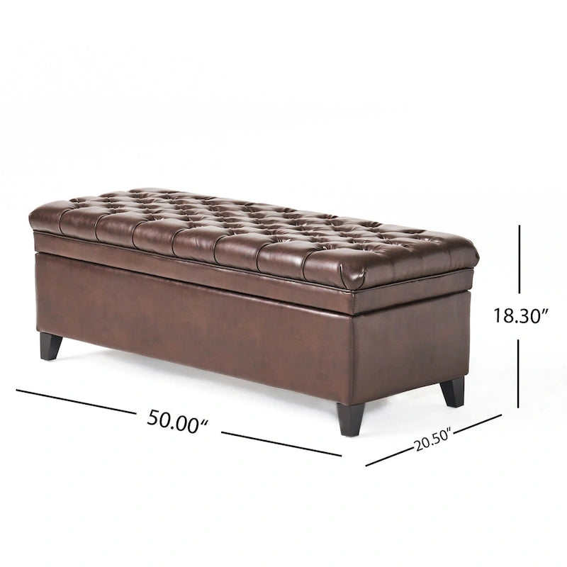 Storage Ottoman Bench Brown Faux Leather Tufted Black Wood Legs