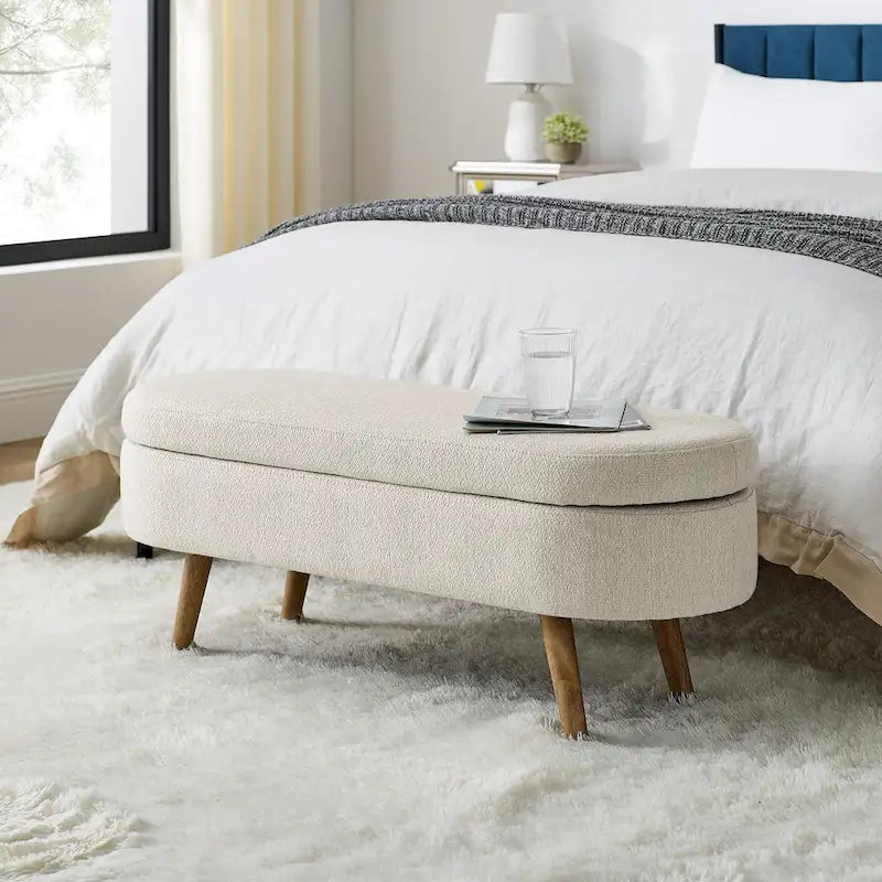 Ottoman Oval Storage Bench,Rubber Wood Legs, Beige