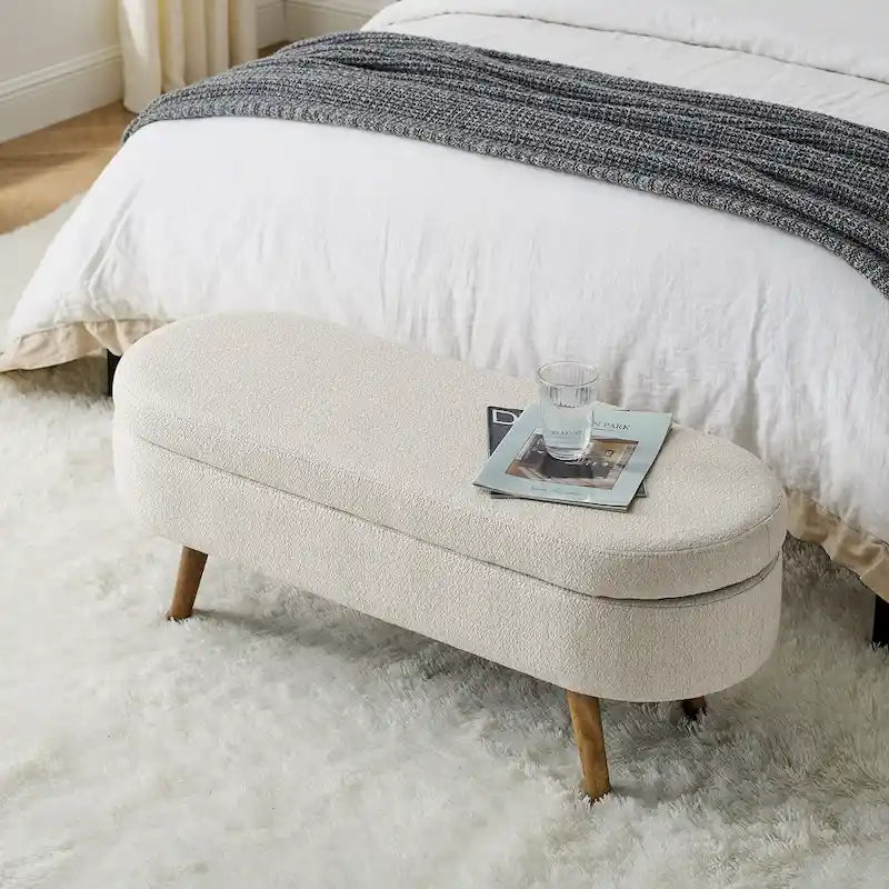 Oval Upholstered Storage Ottoman Bench with Rubber Wood Legs Beige White
