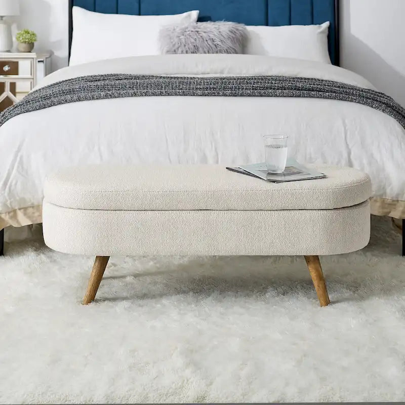 Oval Upholstered Storage Ottoman Bench with Rubber Wood Legs Beige White