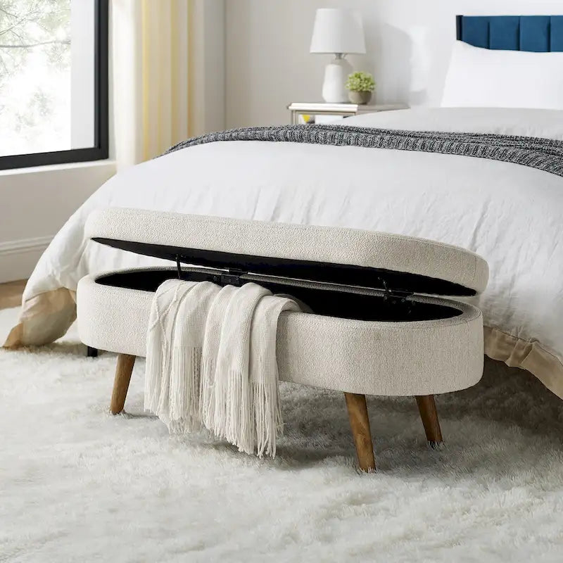 Oval Upholstered Storage Ottoman Bench with Rubber Wood Legs Beige White