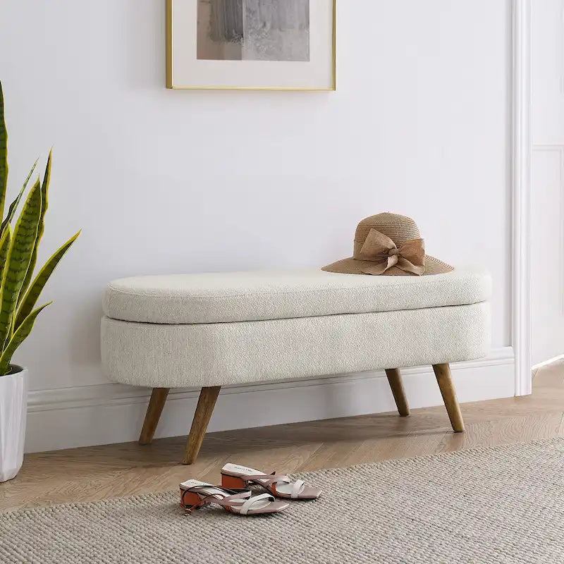 Oval Upholstered Storage Ottoman Bench with Rubber Wood Legs Beige White