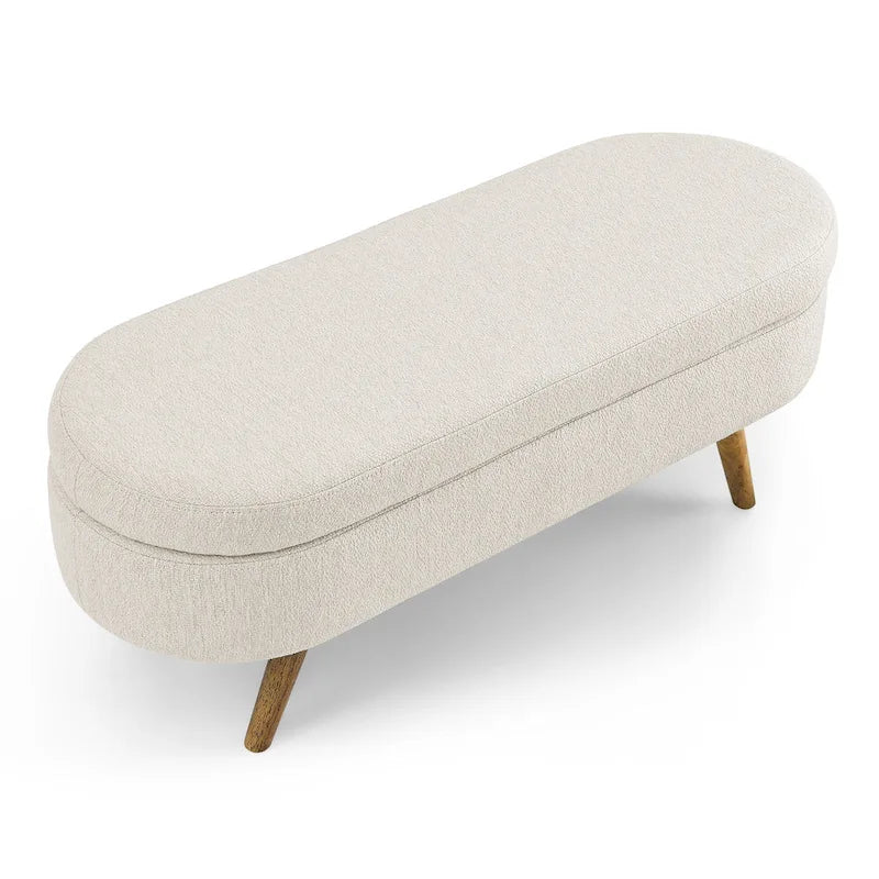 Oval Upholstered Storage Ottoman Bench with Rubber Wood Legs Beige White