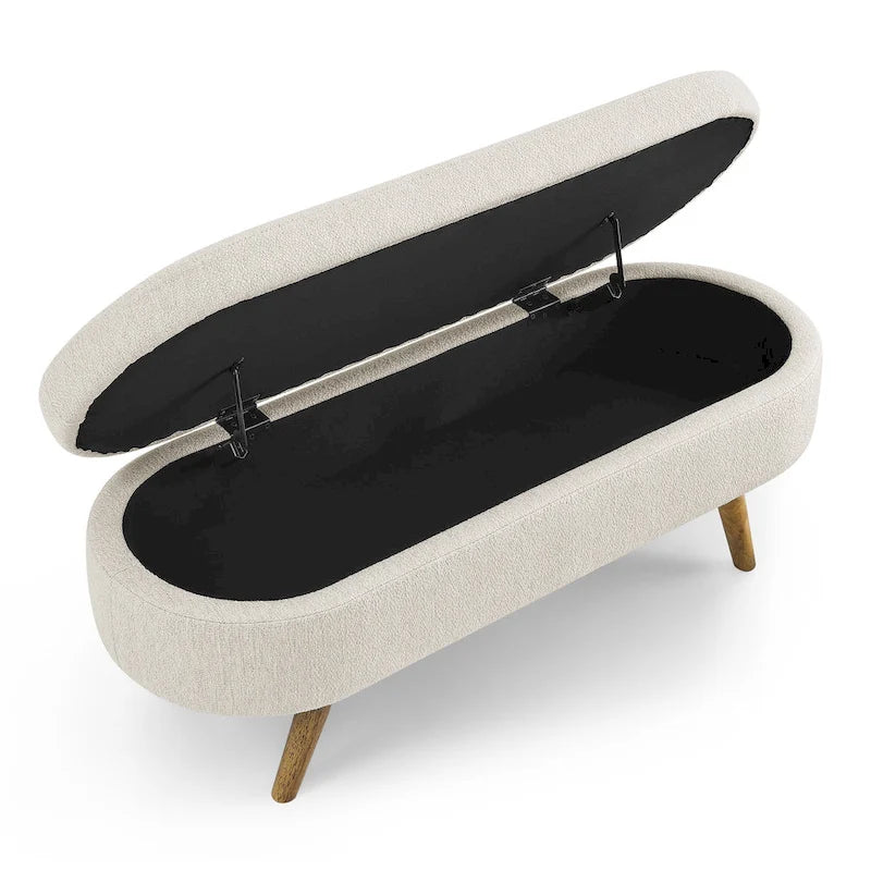 Oval Upholstered Storage Ottoman Bench with Rubber Wood Legs Beige White