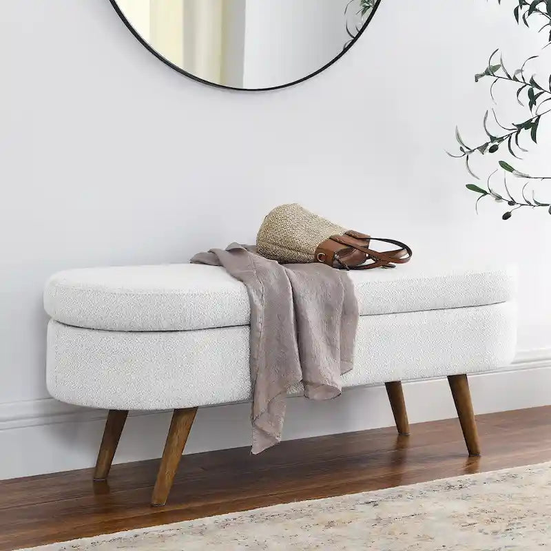 Oval Upholstered Storage Ottoman Bench with Rubber Wood Legs Beige White